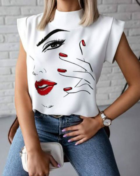 

womens casual tank fashion eyes pattern tees 2020 womens new camis character illustration printing cropped 11 styles summer, White
