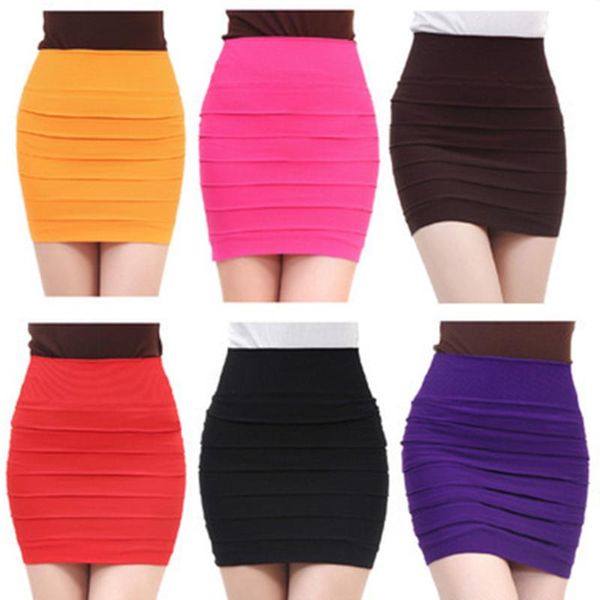 

women candy colors high waist pleated skinny mini bandage hip skirt yf173, Black