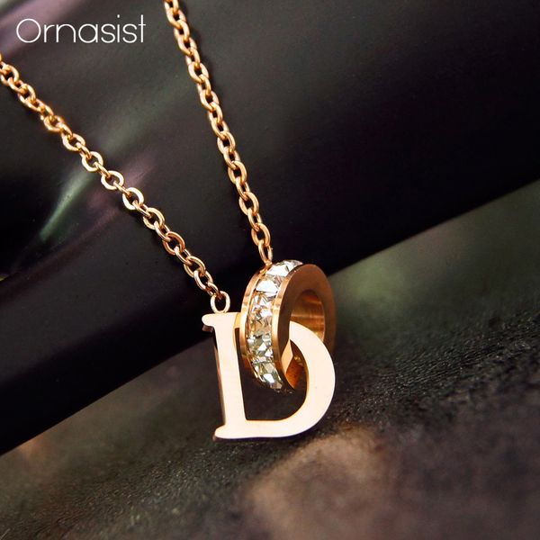 

titanium steel crystal circle pendant necklace personality rose gold letter short necklaces for women jewelry, Silver
