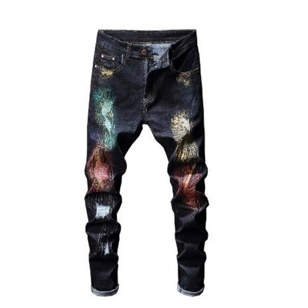 

new men's male fashion casual colored painted patchwork ripped jeans trendy holes skinny denim pencil pants trousers, Blue