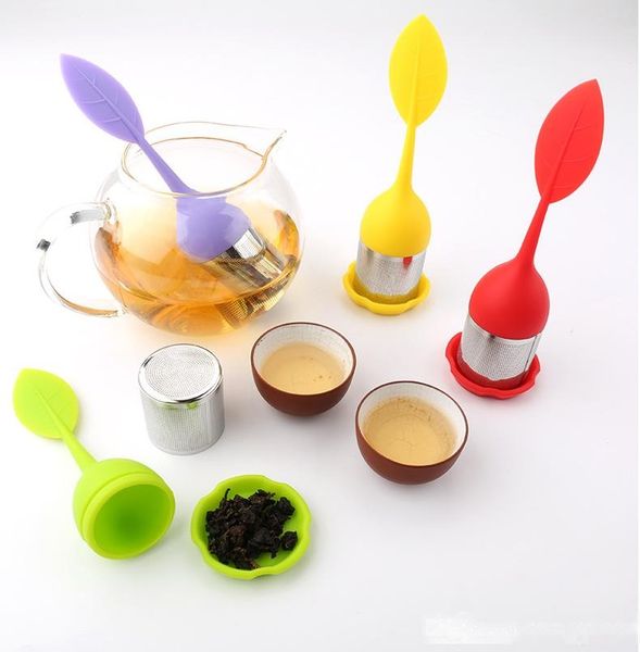

8 colors food grade silicone stainless steel cute leaf tea strainer herbal spice tea infuser filter with many leakage holes