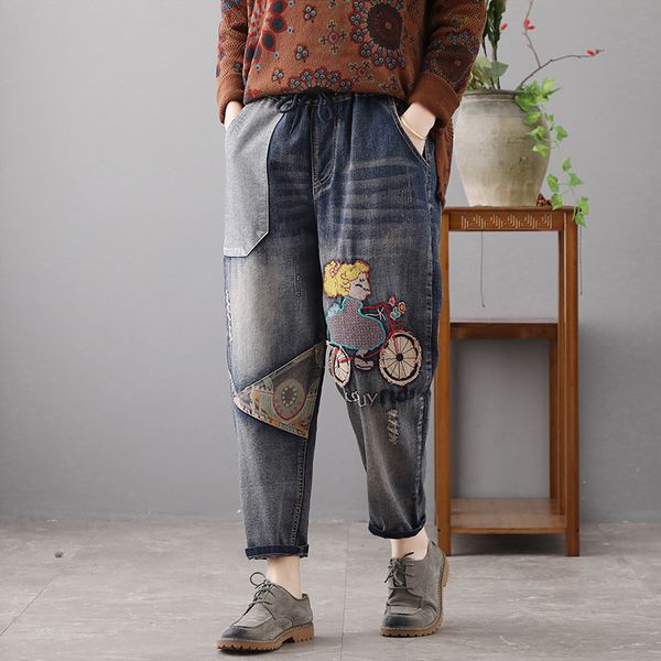 

women's jeans fairynatural summer vintage loose denim pants elastic waist 2021 ladies embroidery casual women long trousers bleached, Blue