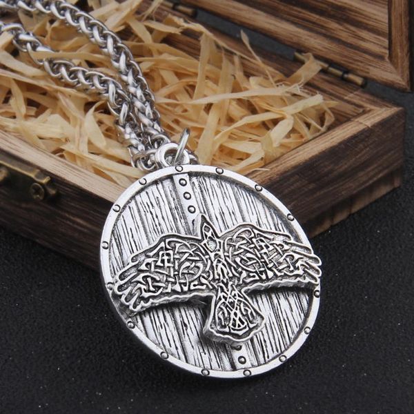 

iron color viking celtic eagle and shield necklace with stainless steel chain as men gift and wooden box, Silver