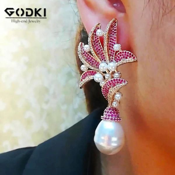 

godki luxury dangle earrings for women wedding shell pearl flower full crystal zircon dubai bridal earring fashion jewelry, Silver