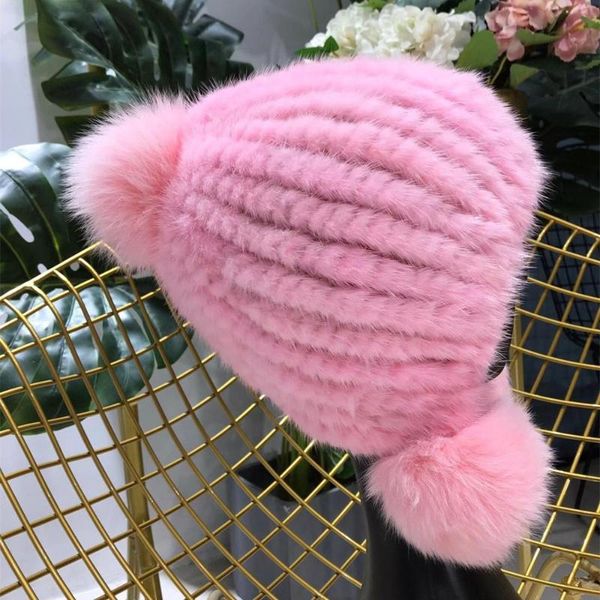 

real knitted hats autumn winter hat womens luxury winter lady warm caps real fur ball earmuffs women knitted hats, Blue;gray