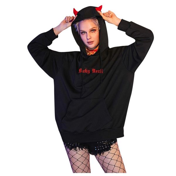

harajuku hoodies girl little devil horns gothic hooded sweatshirts women demon fly wings loose pullovers pocket streetwear, Black