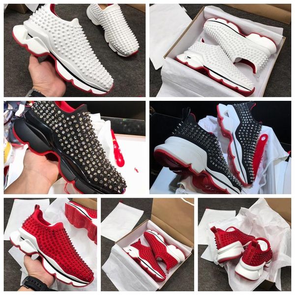

мода red bottom мужчины женщины повседневная шипы заклепки rhinestone обувь платье партии полуботинки кроссовки chaussures de sport с коробк, Black