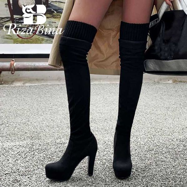 

boots rizabina over the knee for woman platform high heels shoes winter warm solid color long women footwear size 33-43, Black
