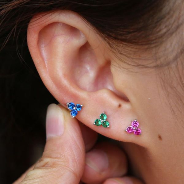 

stud minimal 925 sterling silver jewery red blue green white three stone design delicate dainty the second simple earring, Golden;silver