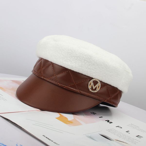 

202009-yy winter fashion  letter fuzzy pu brim faux leather leisure octagonal hat men women visors cap, Blue;gray