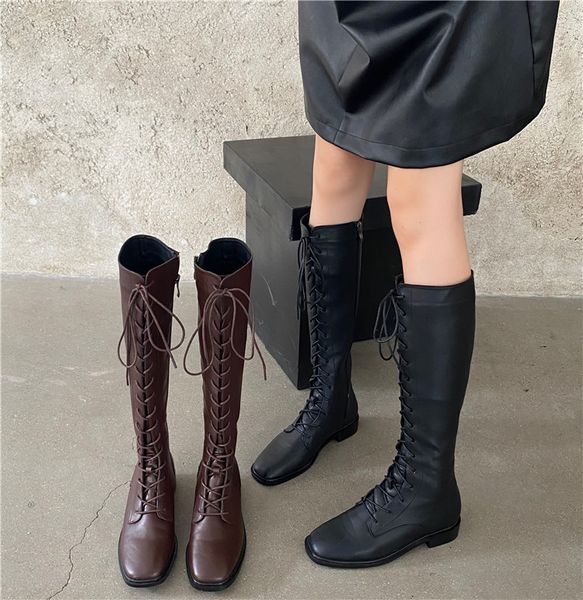 

boots women new 2020 women's shoes autumn booties ladies lace up thigh high heels high med leather over-the-knee, Black