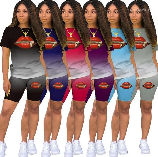 

summer set women biker shorts sets fashion lips pattern gradient color biker shorts new casual women, Gray
