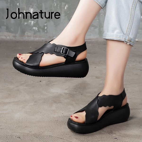 

johnature 2020 new summer women shoes sandals buckle strap genuine leather retro wedges casual handmade platform ladies sandals, Black