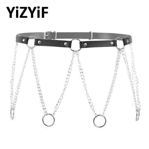 

women garters punk gothic tassel waist belt adjustable faux leather body waist harness belt with metal o rings and chain tassel, Black;brown