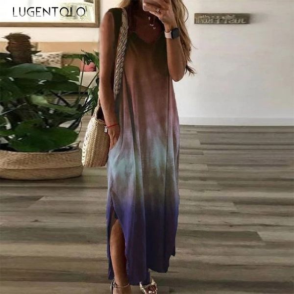 

lugentolo women's casual dress gradient print v-neck sleeveless loose-fit pocket casual female fashion long dress, Black;gray