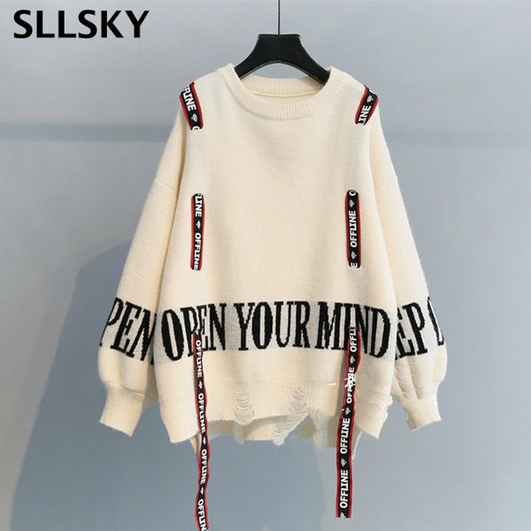 

sllsky knitted women sweater 2020 new winter fashion women letter printed ribbon sweater loose irregular long sleeve pullovers, White;black