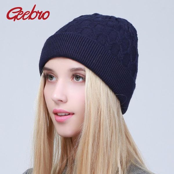 

geebro winter women's beanie hat causal warm solid color knitted beanie for girls ladies thick knitting cashmere beanies dq100, Blue;gray