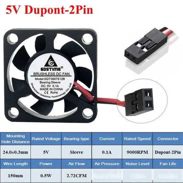 

fans & cooling 2pcs gdstime 30x30x7mm dc fan 12v 5v 3cm 30mm cooler 3007 2pin ph2.0 dupont connector dc brushless mini cooler