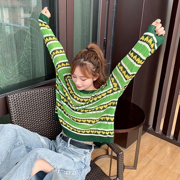 

korean o neck women sweater fashion heart printed striped jumper sweaters female autumn long sleeve casual knit pullovers, White;black
