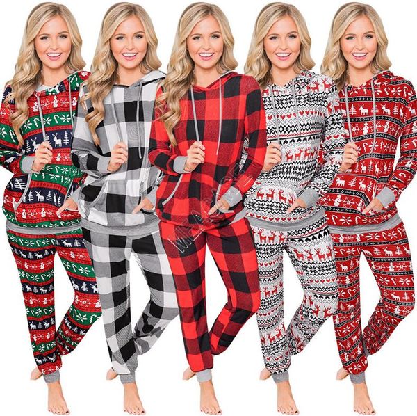 

winter christmas plaid print hooded drawstring pocket sweatshirt pants set women fashion clothing sleep lounge 5color sale 2020 d9805, Gray