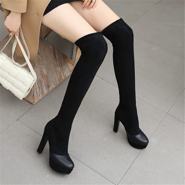 

boots black over the knee high women shoes fashion platform winter with heel large size 43