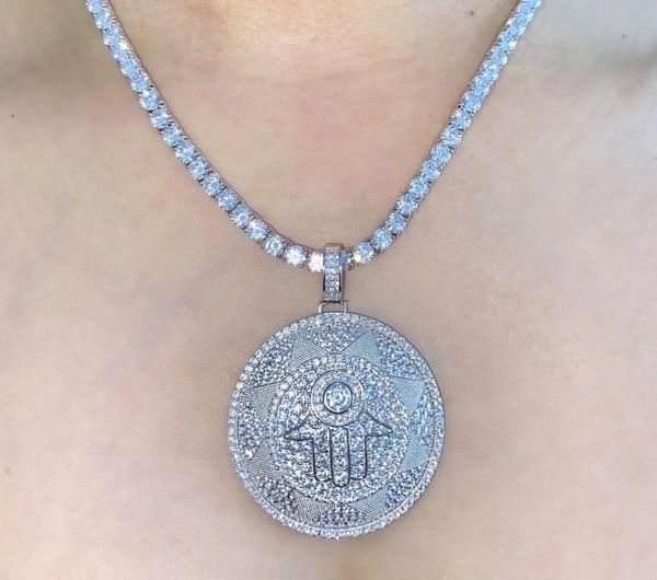 

chokers iced out bling hiphop women lady jewelry geometric round shape micro pave cz hamsa hand pendant tennis chain necklace, Golden;silver
