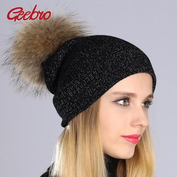 

яркие провода beanie hat winter casual теплый geebro женские вязаная шапка с 100% шерсти енота pom pom дамы вязание шапки dq128, Blue;gray