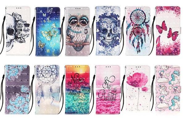 

3d leather wallet owl flower skull unicorn butterfly flip cover case for iphone 12 6.7 5.4 6.1inch samsung note20 ultra a21 a21s