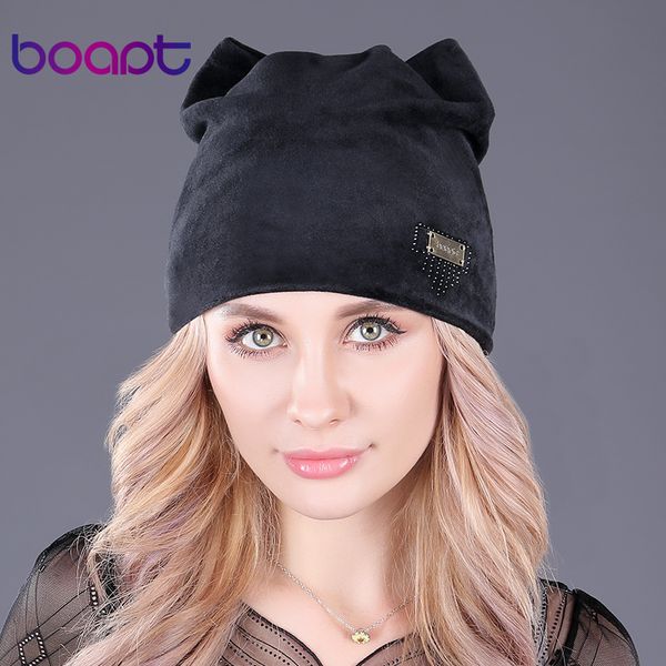 

boapt] cat ears hat girl caps metal label soft flannel winter hats for women beanie warm bonnet ladies casual skullies beanies, Blue;gray