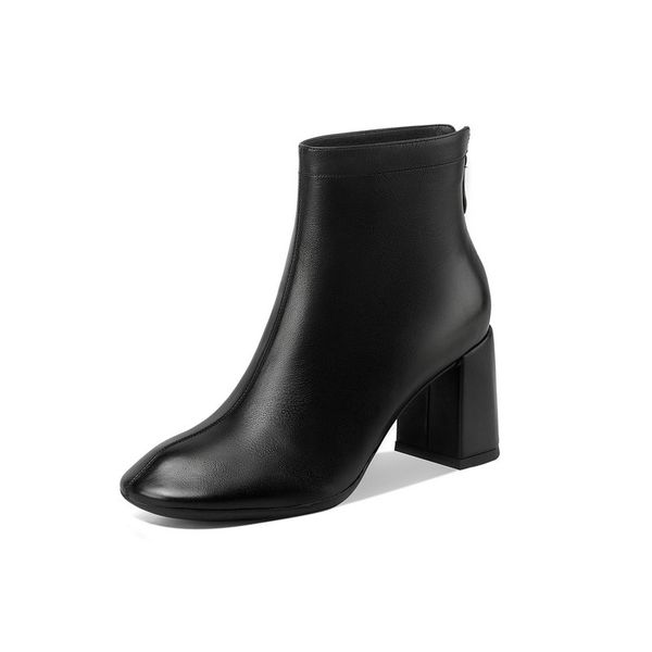 

genuine leather high heels ankle boots women autumn winter concise short boots round toe basic office shoes woman, Black