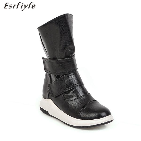 

esrfiyfe 2020 new boots women leather winter solid color mid-calf snow rain ladies footwear keep warm winter shoes botines mujer, Black