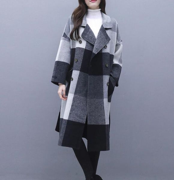 

women's wool & blends autumn winter women woolen coat stitching solid grizzly white gauze female quality office robe jacket outerwear s, Black