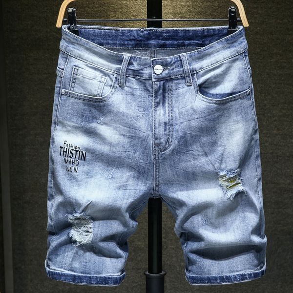 

2020 summer new men's slim light blue denim shorts fashion casual stretch hole short jeans male brand clothes, White;black