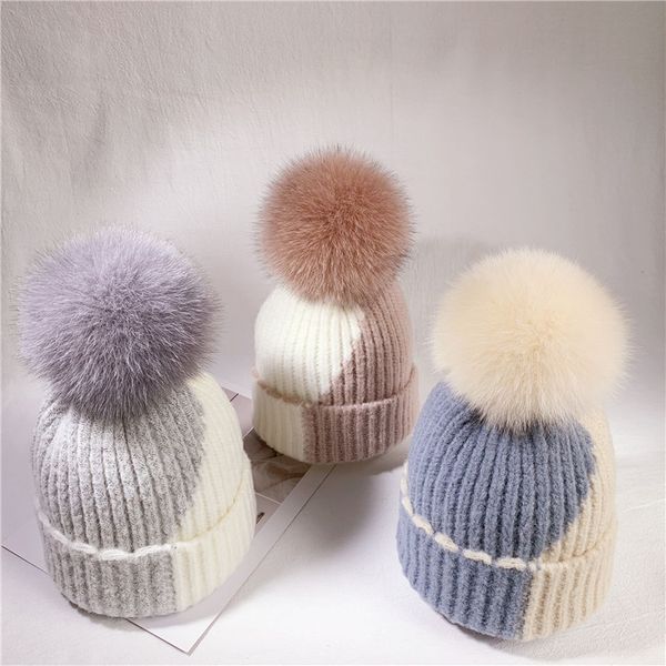 

Korean Style Autumn and Winter Women's Warm All-match Wool Fur Ball Woolen Cap Fashion Color Matching Warm Knitted Hat, Blue;gray