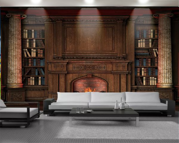 

3d modern wallpaper elegant retro european fireplace and bookcase living room bedroom background wall decorative 3d mural wallpaper