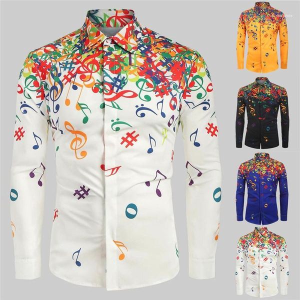 

printed tees mens long sleeve casual shirts turn down collar mixed color mens spring designer mens musical notes, White;black