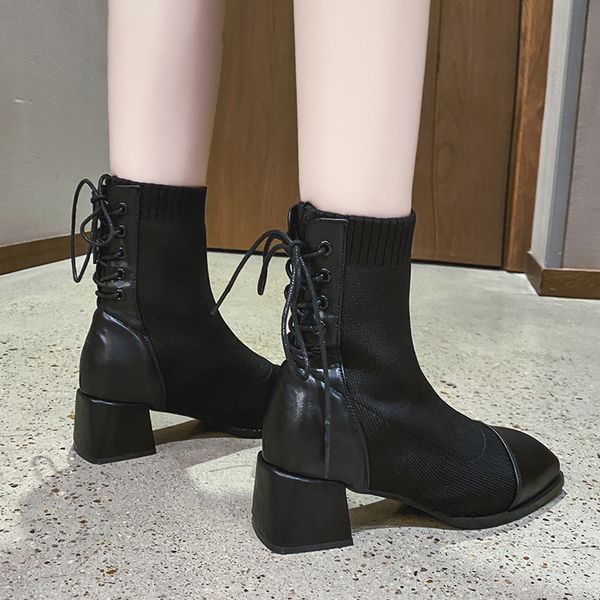 

boots women's single boots 2020 new british style all-match stretch cloth square toe thick heel high heel ankle, Black