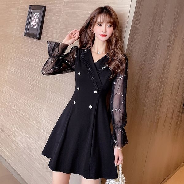 

elegant mesh stitching sequins sequins slimming dress women's 2020 fall/winter new fashion korean style slim fit western style dress s3, Black;gray