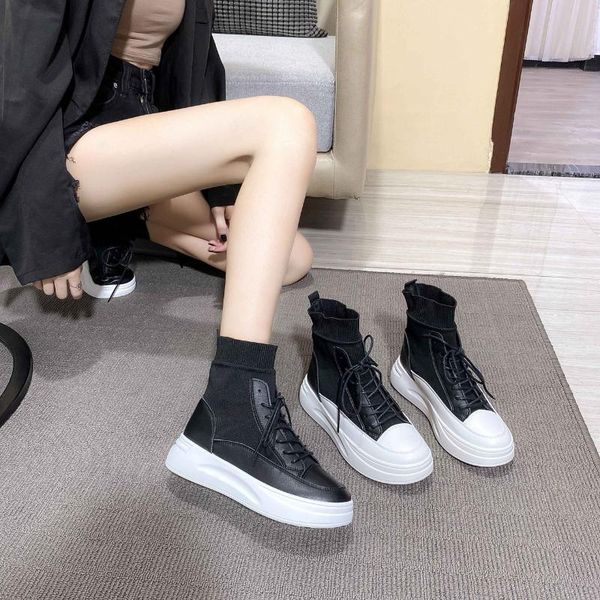 

women's boots autumn new wear-resistant platform shoes breathable single shoes wild high-boots knitted women's, Black