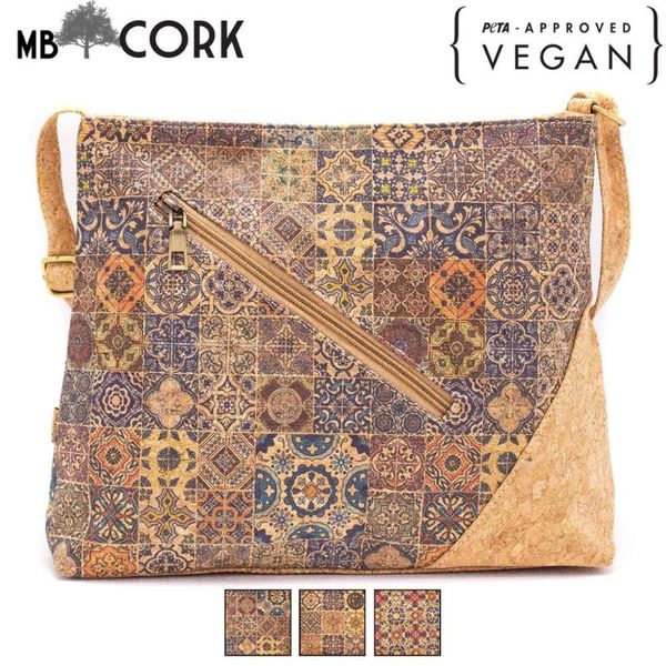 

natural cork shoulder bag with front zipper pocket and mosaics design | made with cork fabric bag-2011