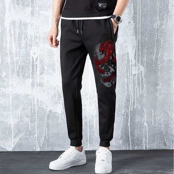 

new men's skull sweatpants fitness joggers 2020 spring male side drill high street hip long trousers rhinestones pants swe, Black