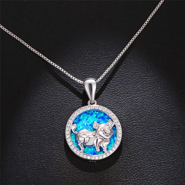 

pendant necklaces dainty female pig round pendants charm silver color wedding for women cute blue opal stone chain necklace
