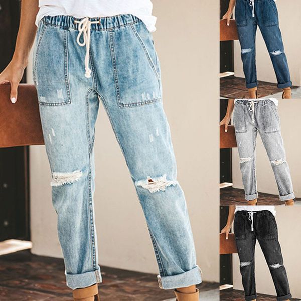 

pantalon jean femme new fashion femme jeans ripped casual korean straight jeans women hole lace trousers women streetwear, Blue