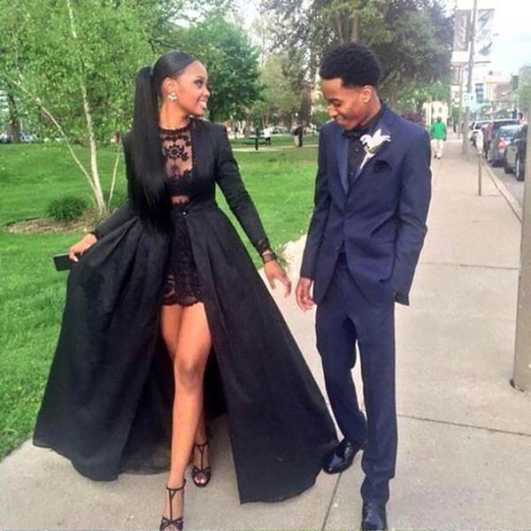 

custom a line lace long sleeve prom party gown new none train o-neck satin black thigh-high slits two pieces evening dresses, Black;red