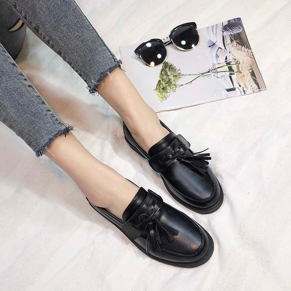 

new 2020 spring party shoes women oxfords flat slip-on fashion platform with fringe british style shoes round toe casual, Black