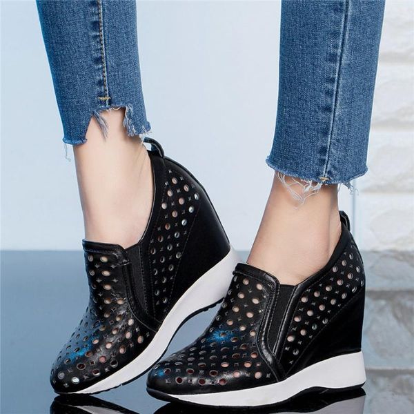

women breathable genuine leather wedge high heel gladiator sandals female slip on round toe summer fashion sneakers casual shoes, Black