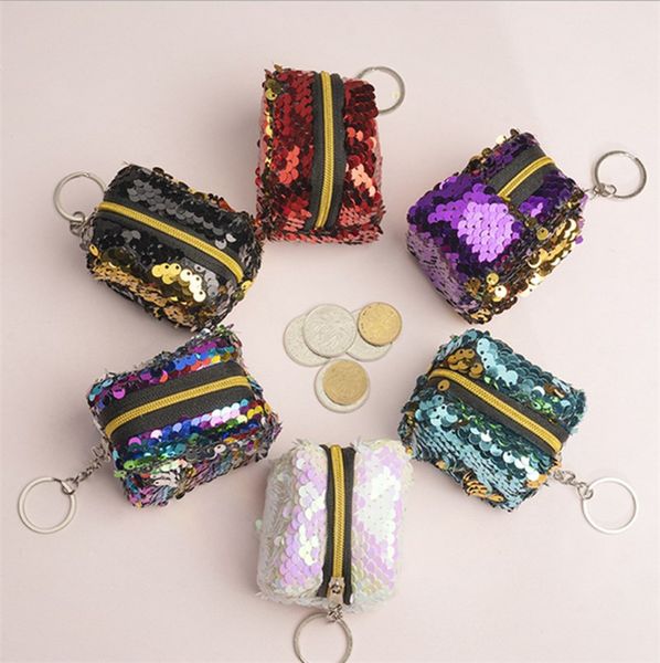 

mermaid sequins coin purse mini wallets kids girls sequined shinning bling bag keychain earphone case square zipper bag christmas gift e9902, White