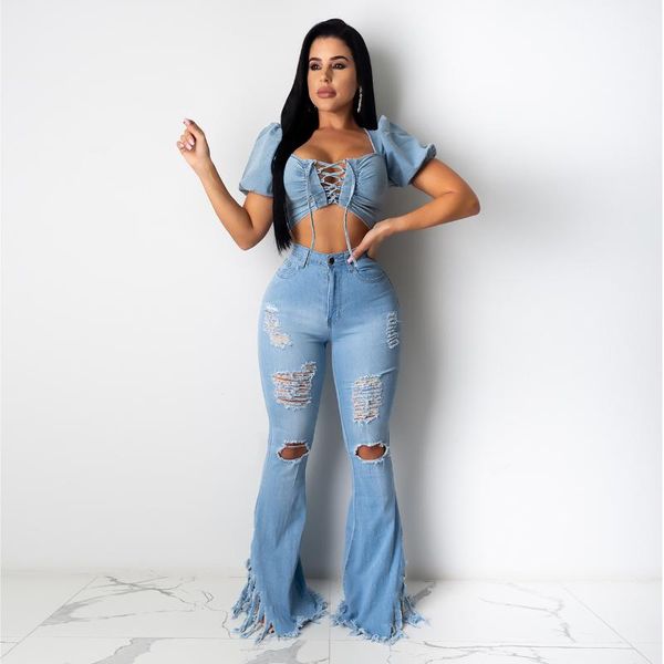 

women's jeans women skinny denim flared trousers ripped hole tassel decoration high waist design laides spring autumn clothing, Blue