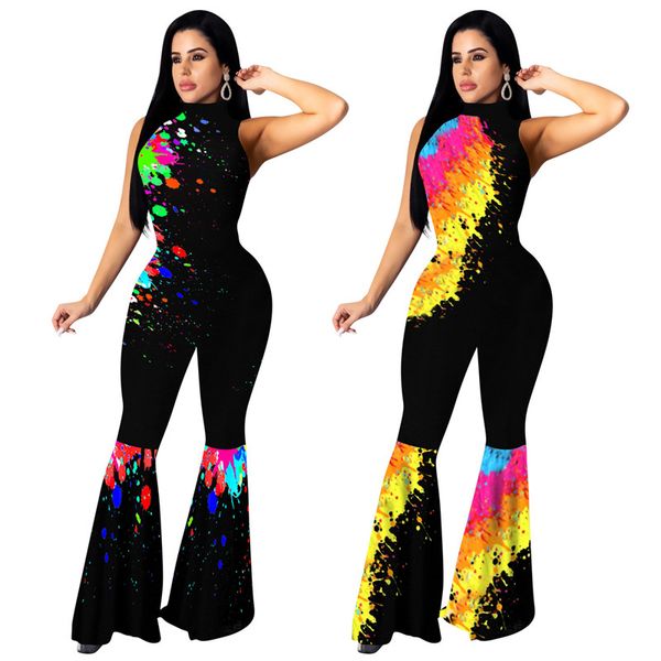 

spray paiting women jumpsuits fashion high neck sleeveless ruffle skinny rompers new women designer clothes 2020, Black;white
