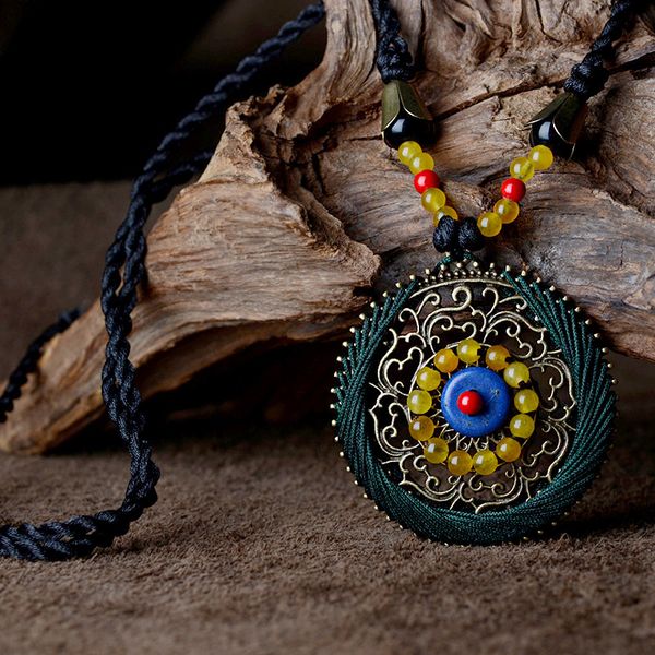 

vintage long maxi necklace women blue stone yellow carnelian pendant necklace copper round pendant rope chain ethnic jewelry, Silver